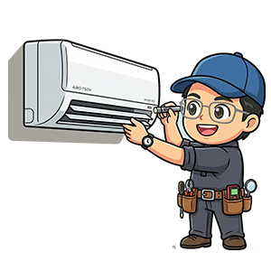 エアコンの状態を確認している便利屋きくのキャラクター