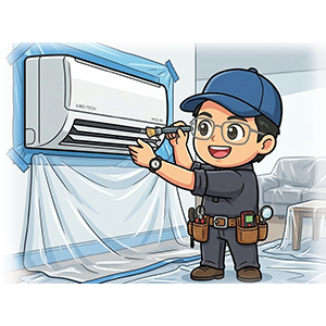 エアコン周辺を養生している便利屋きくのキャラクター