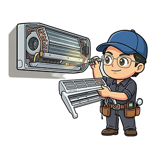 エアコンの部品を取り外している便利屋きくのキャラクター