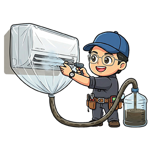 エアコン内部を洗浄している便利屋きくのキャラクター