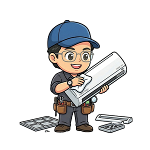 エアコン内部を洗浄している便利屋きくのキャラクター