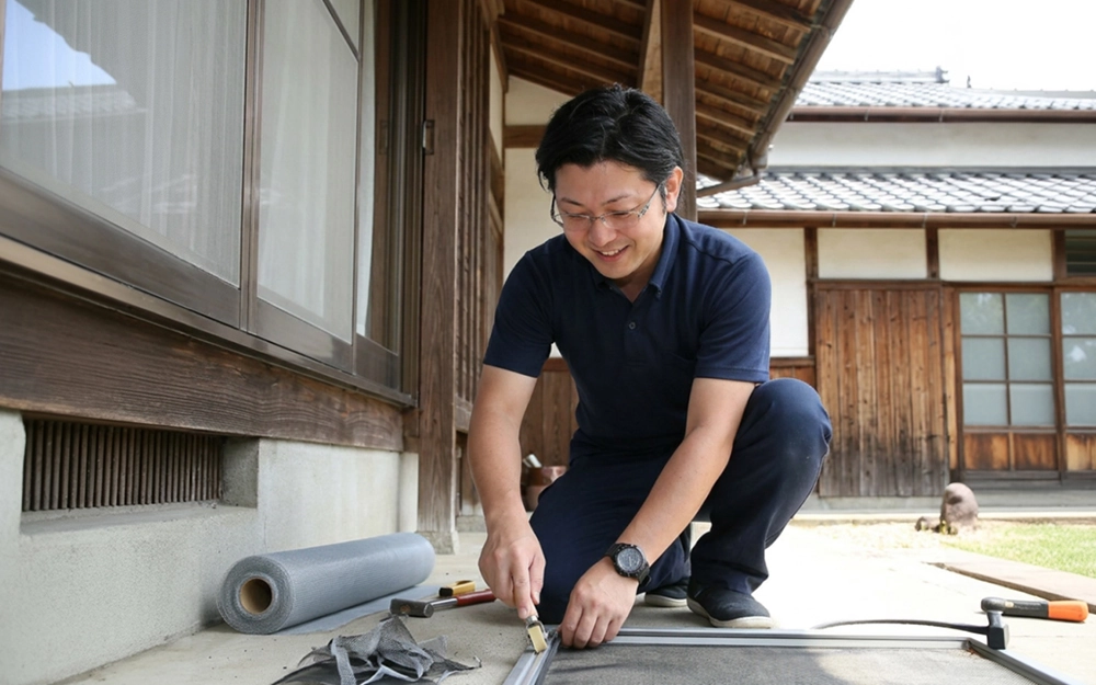 網戸の張替え作業