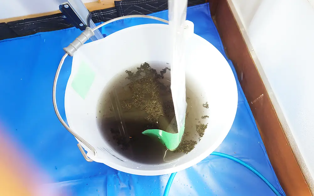 エアコン洗浄ででてきた汚水がバケツに入っている様子