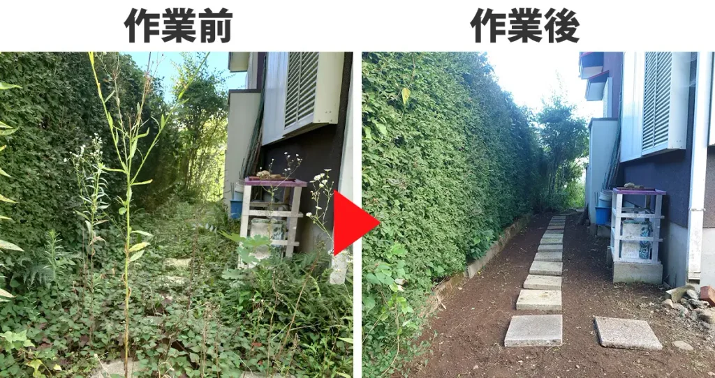 家の横の通路の草刈り前、草刈り後の写真