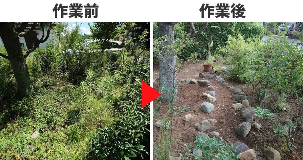 家の正面の草刈り前、草刈り後の写真